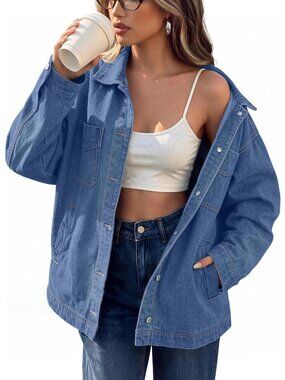 Women's Blue Oversized Jean Jacket Button Down Denim Casual Shacket Pockets